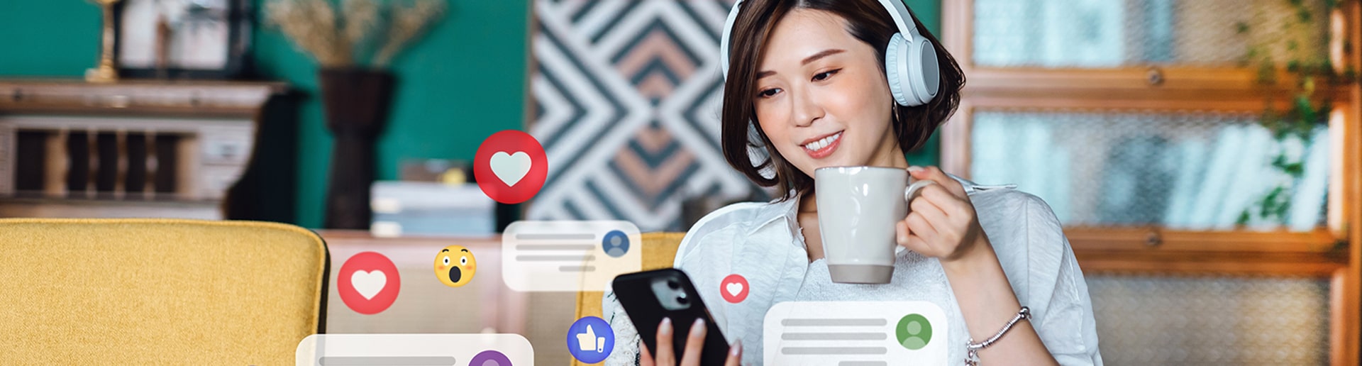 A girl drinks coffe in front of her computer engaging with media she discovers