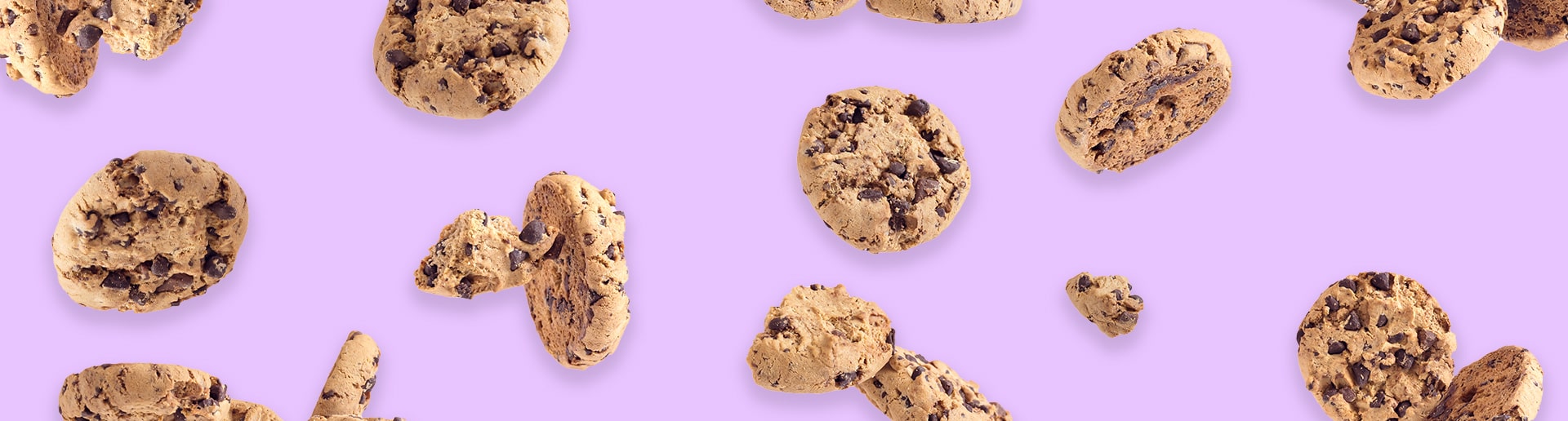 graphic of cookieless tracking metaphorically represented by chocolate chip cookies falling with a pink background