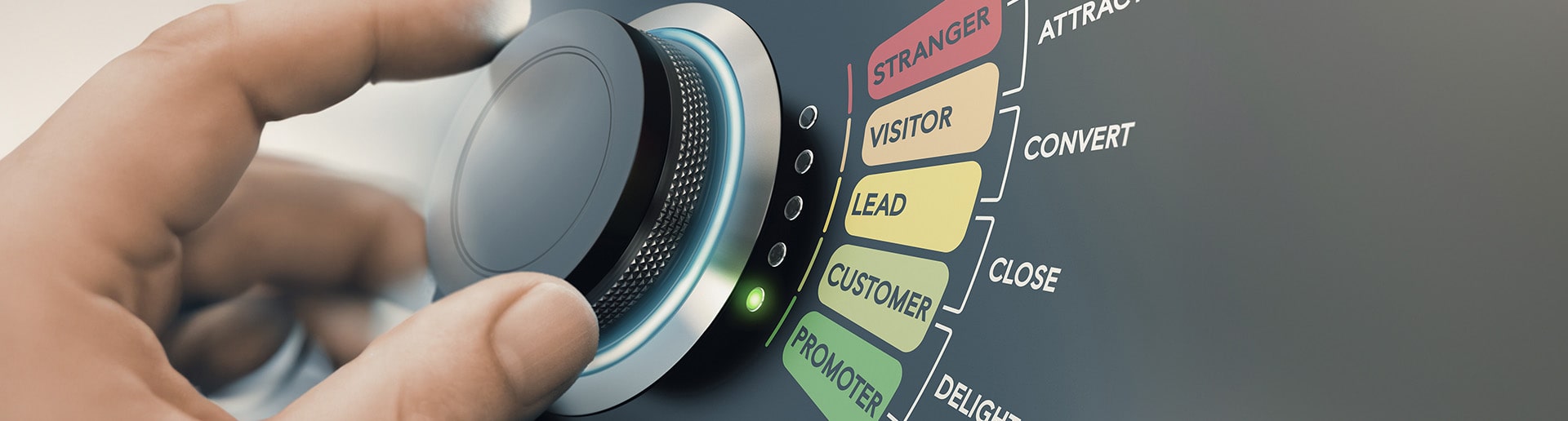 graphic composition of a hand turning a rotary knob from stranger to promoter representing the Customer Lifecycle